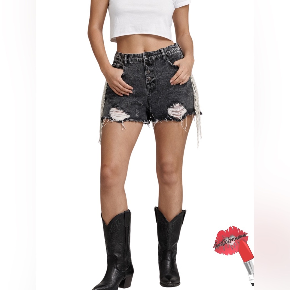 Savanna Jane Rhinestone Fringe Black/Grey Acid Distressed Button Fly Shorts L